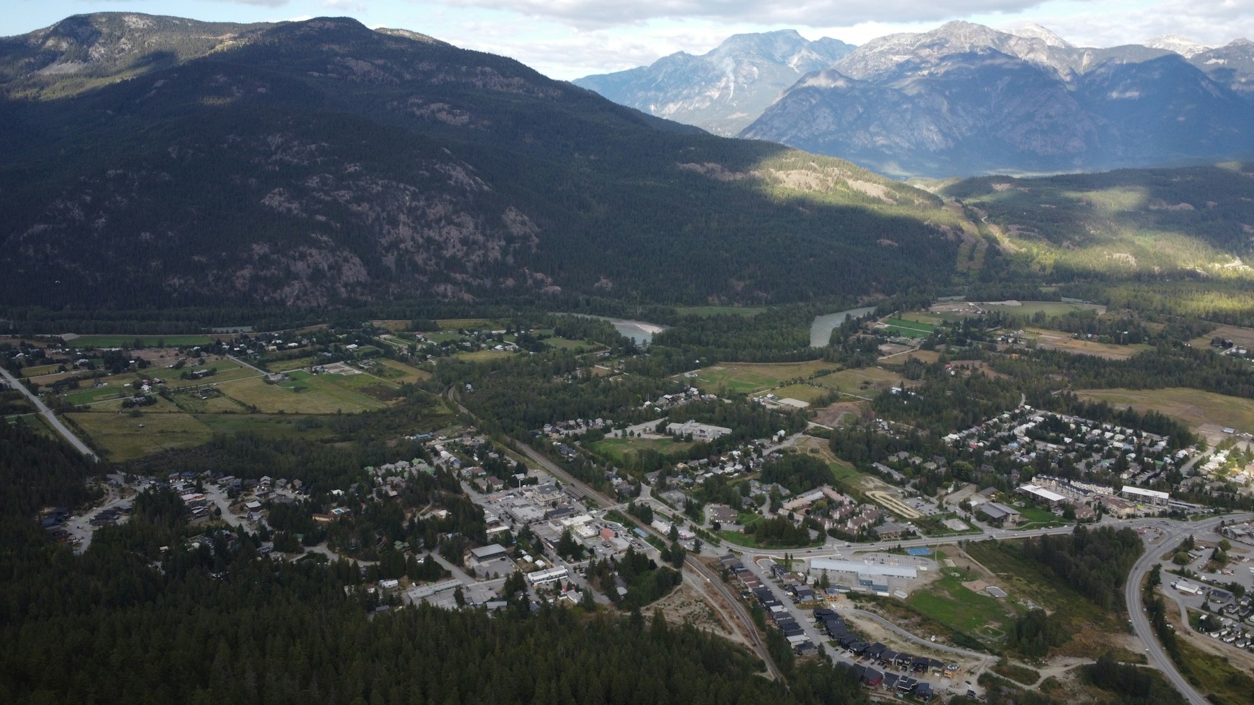 Aerial view of Pemberton surrounded by mountains