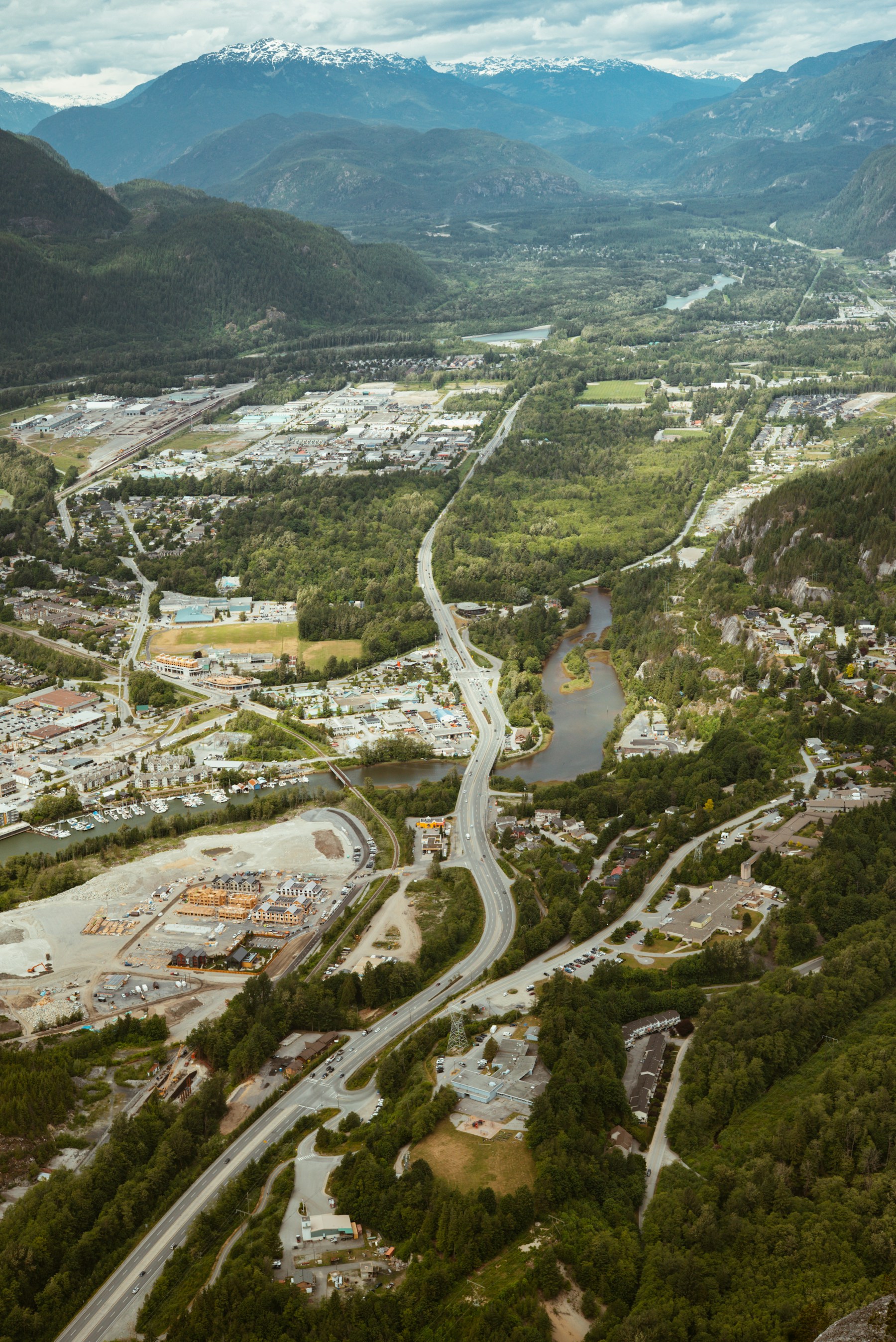 Aerial view of Squamish, British Columbia beneath the surrounding mountains